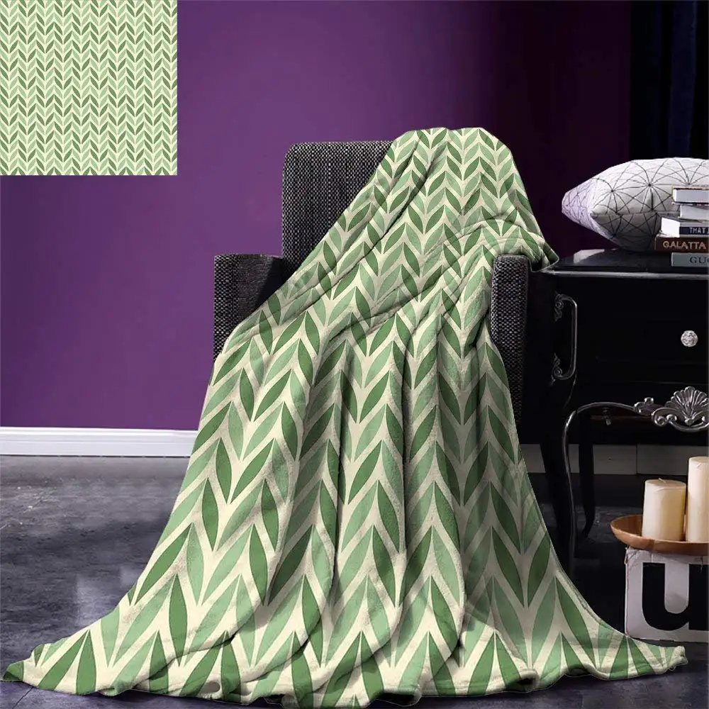 

Retro Throw Blanket Vibrant Diagonal Symmetric Forms Green Spring Leaves Gardening Theme Nature Flannel Blanket for Bed