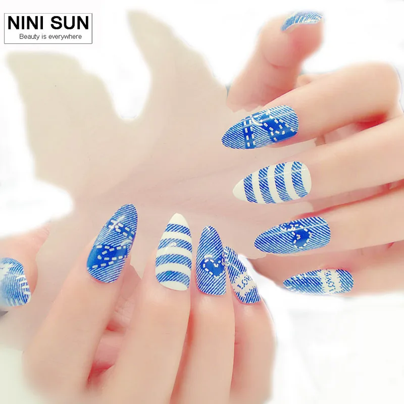 Uñas postizas vaqueras azules para mujer manicura francesa, uñas acrílicas,  24 Uds.|false nails|full cover nailsstiletto false nails - AliExpress