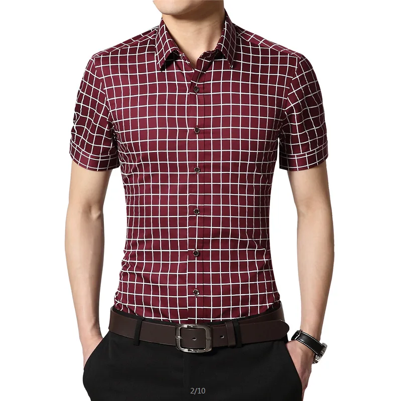 Хлопковая Клетчатая Мужская рубашка Новая модная мужская летняя рубашка с коротким рукавом camisa masculina chemise homme M-5XL - Цвет: Burgundy