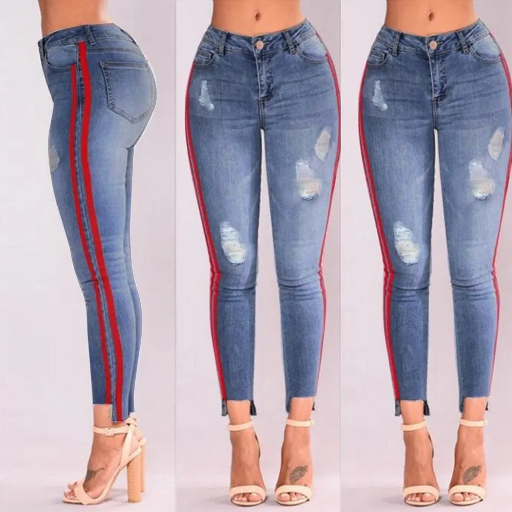 

women denim pants High-Waist long pencil pants Ripped Stretchy Hole Jeans Trousers Z401