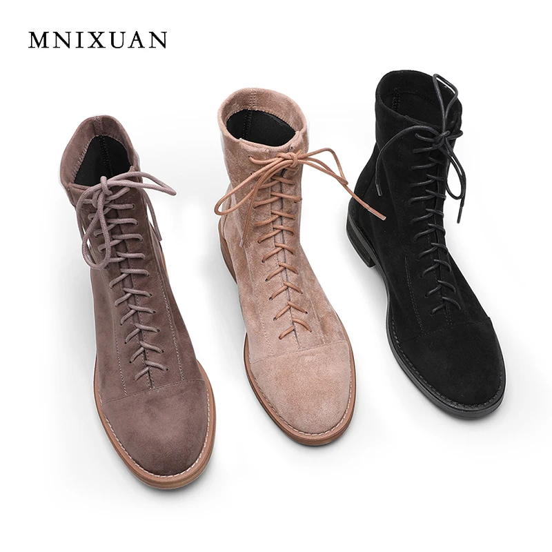 

MNIXUAN Korean style student martin boots for women winter short plush leather suede lace up western ankle boots low heel size 9