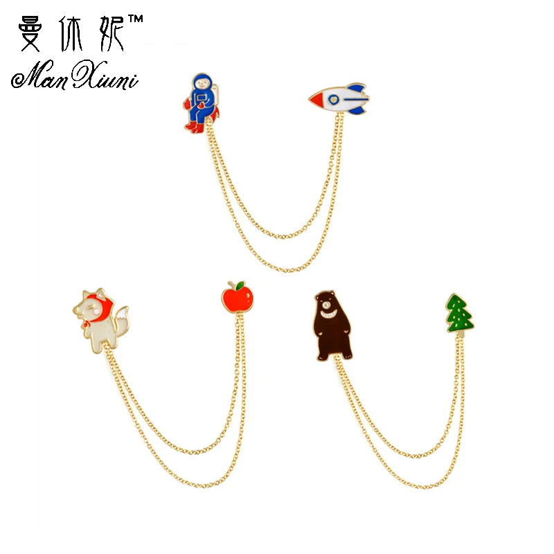 

Manxiuni 1pcs/set Double Chain Astronaut Ship Bear Tree Fox Apple Small Brooches for Women Kids Sweater Suit Accessories Pins