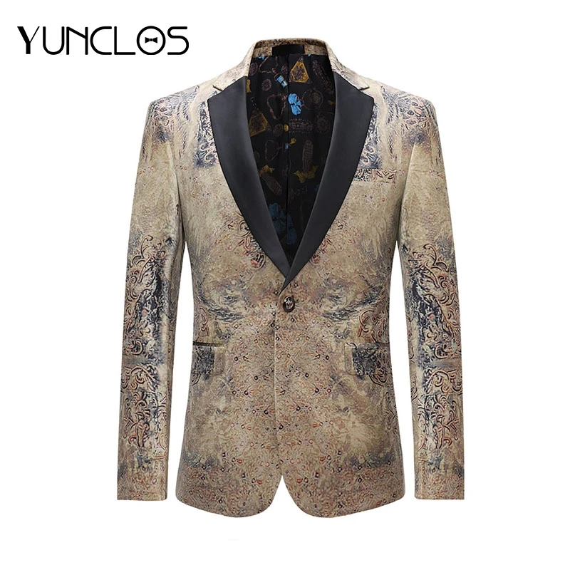

YUNCLOS 2019 Fashion Design Men Suit Jacket Spring Single Button Print Blazer Notched Collar Casual Style Slim Fit