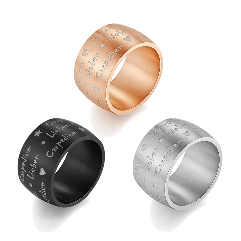 

2019 Fashion "carpe diem liebem" Ring for Men 14mm Large Stainless Steel Rings Silver Black Rose Gold Color Literary Jewelry