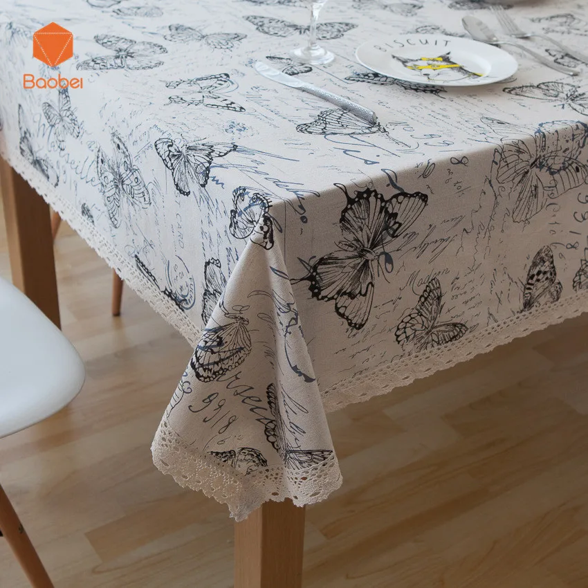 

Butterfly Thicking Table cloth With White lace100% Linen Cotton Kitchen Decor Table Covers Non-slip Printed Pillowcase YN1