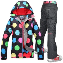 Gsou Снежный женский черный лыжный костюм для верховой езды, скалолазания, лыжный костюм, женский черный с узором в горошек, лыжная куртка и черные лыжные штаны