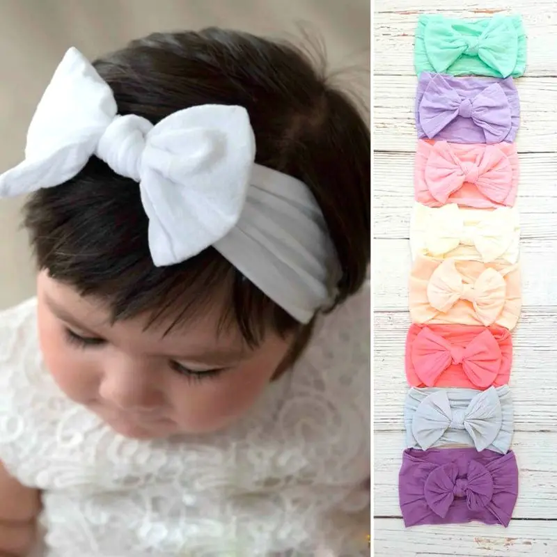 Широкая нейлоновая повязка на голову с бантиком для маленьких девочек, один размер, подходит для большинства 18 цветов