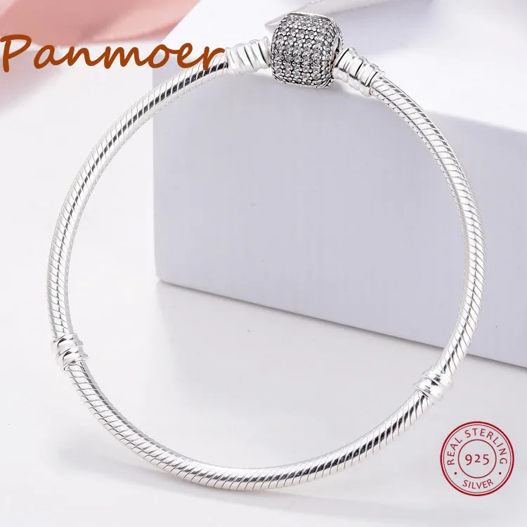 

S925 Sterling Silver Square Snake Chain Zircon Buckle Charm Bracelet & Bangle Women fit pan bracelet Original logo Jewelry