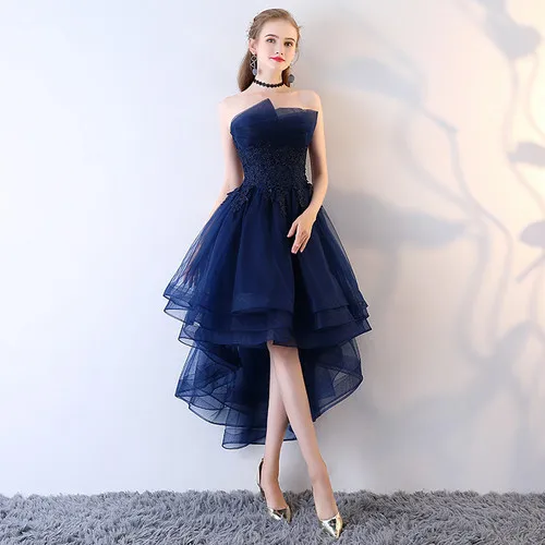 Navy Blue Robe De Soriee, темно-синее, на шнуровке, без бретелек, короткое спереди, длинное сзади, элегантное вечернее платье с аппликацией, вечерние платья для выпускного вечера - Цвет: Navy Blue