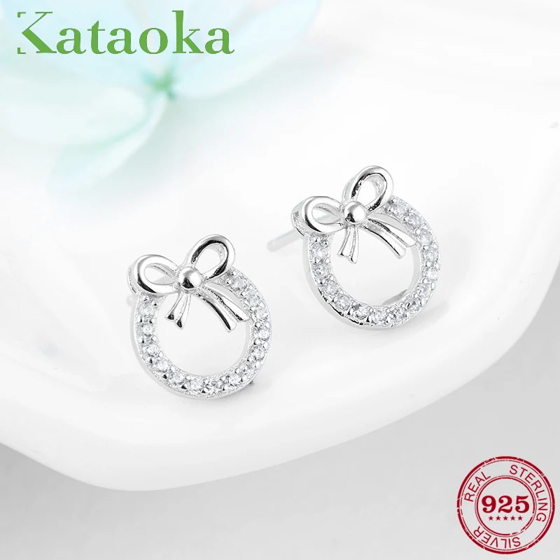 

100% Real 925 Sterling Silver Round shape spakling Clear CZ bow-knot Earings fashion jewelry women accessories Handmade Gift