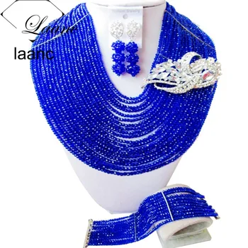 

Multi 20 Layer Royal Blue Crystal women necklaces costume jewelry nigerian wedding african beads jewelry set ABC760