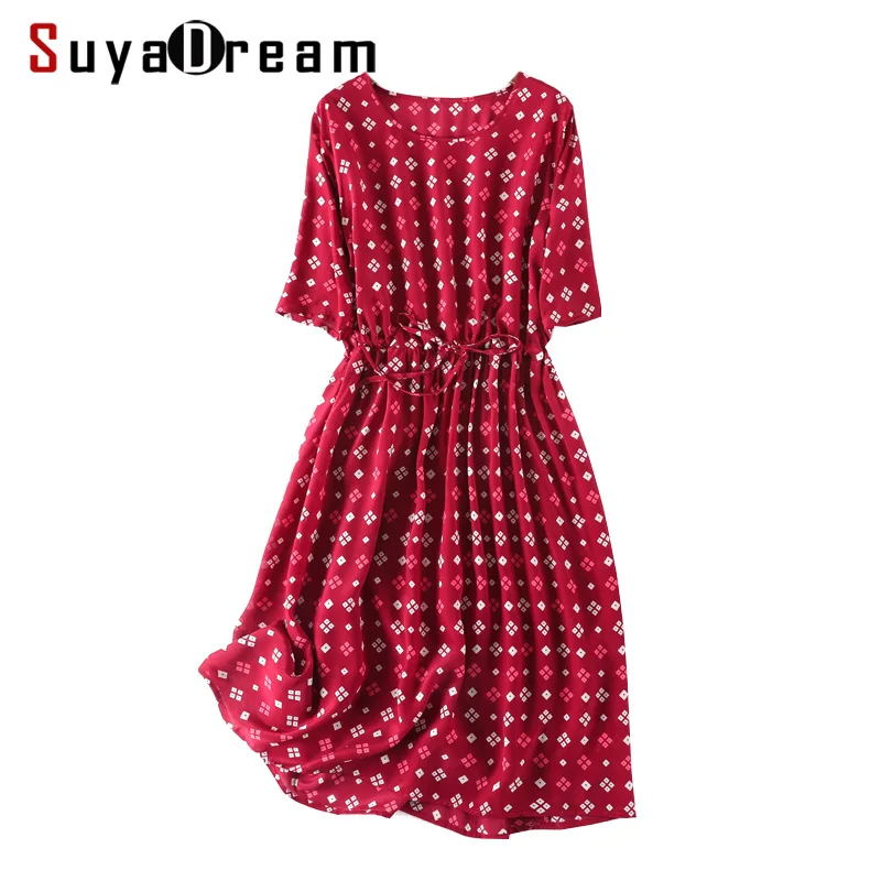 

Women Print Long Dress 100%SILK CREPE Casual Belted Dresses for Women Half Sleeved A-Line 2019 Summer Red Printed Dresses