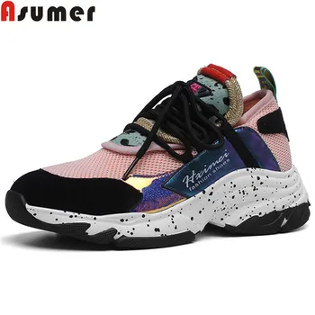 

Asumer 2020 Cow leather women sneakers lace up platform flat shoes mixed color comfortable ladies flats casual shoes female