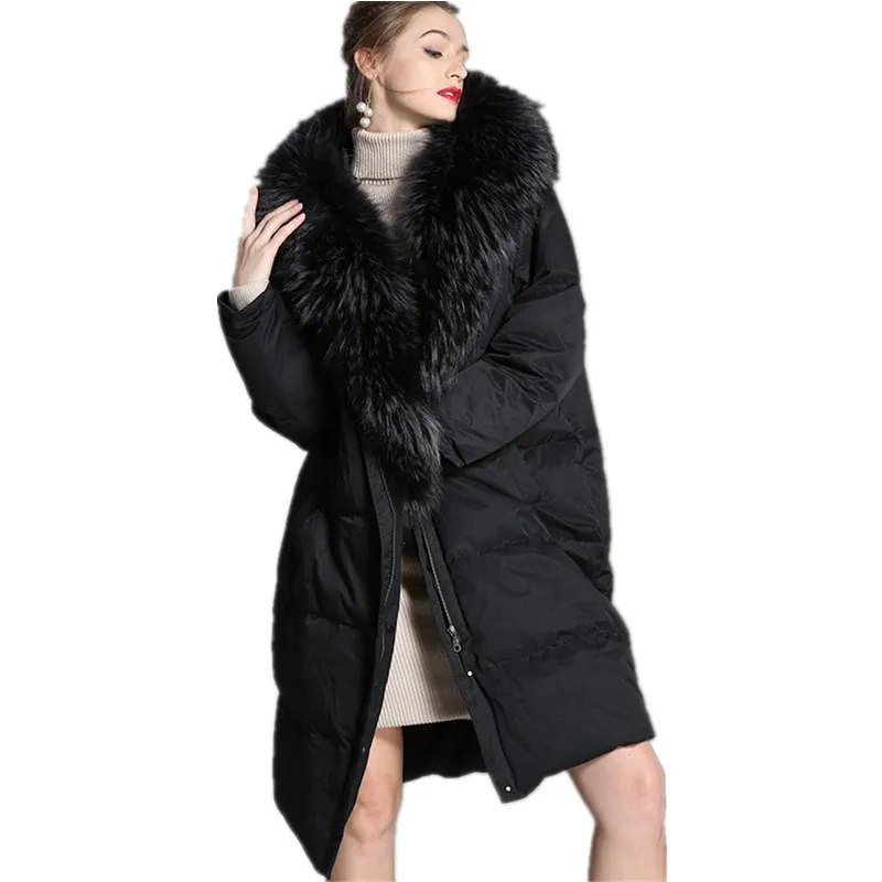 

Down jacket female 2018 new winter thicken women's long real fur collar hooded white duck down jacket Black color