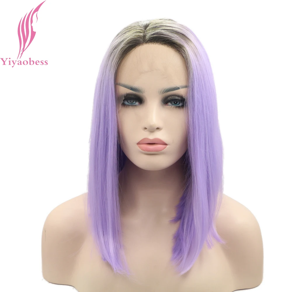 Yiyaobess 14 дюймов бесклеевой короткий прямой парик на кружеве синтетический Розовый Фиолетовый Зеленый Фиолетовый Красный Омбре короткий боб парики для женщин