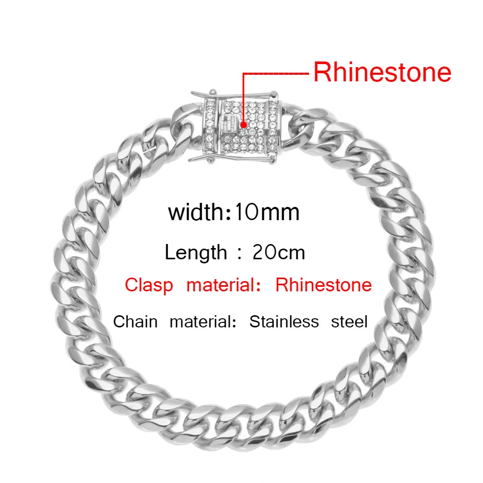 UWIN 10 мм мужской кубинский браслет со звеньями, стразы, застежка, золото, серебро, нержавеющая сталь, браслет-цепочка 21 см - Окраска металла: Rhinestone silver