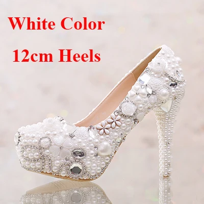 Милые свадебные туфли цвета белого жемчуга True Love туфли на платформе со стразами для свадеб Туфли для взрослых для свадебной церемонии и вечеринки На высоком каблуке ручная работа - Цвет: White 12cm Heels