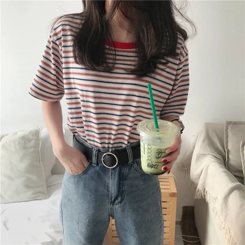 

2019 T-shirt Women Vintage Striped Classic Bottom T-shirts For Women Harajuku T Shirt Summer Casual Short Sleeve Female Top Tee