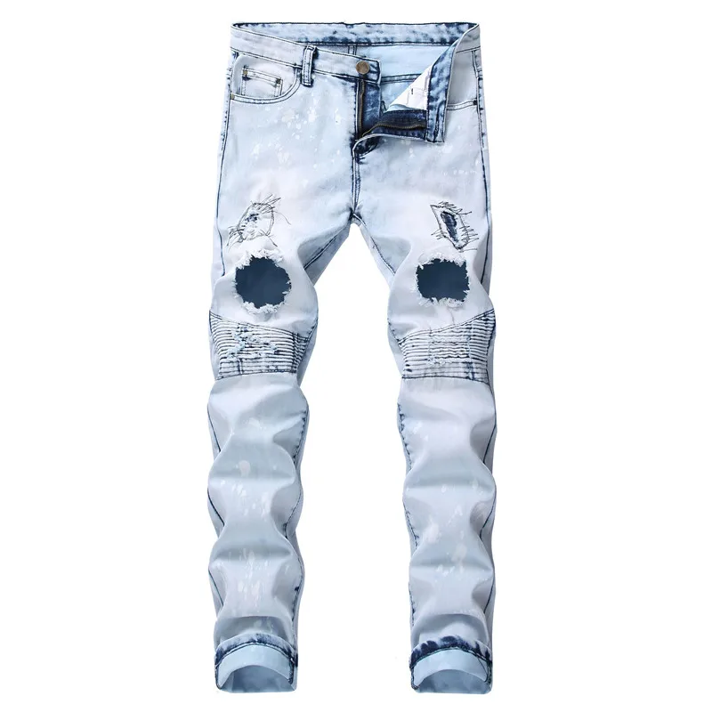 

MORUANCLE Men Hi Street Destroyed Biker Jeans With Holes Ripped Motorcycle Denim Trousers Pants Washed Pleated Plus Size 28-42