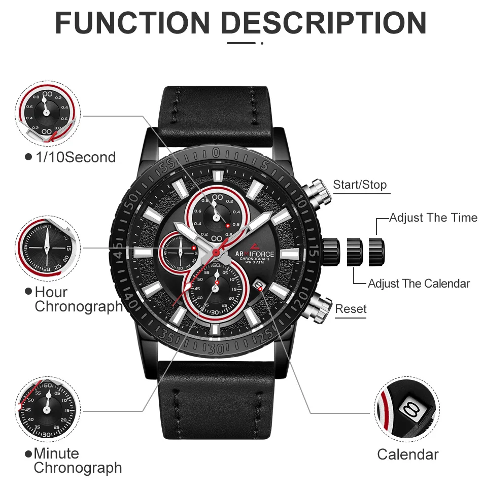 ARMIFORCE Лидирующий бренд Роскошные мужские часы кварцевые мужские часы с кожаным ремешком деловые мужские наручные часы водонепроницаемые спортивные мужские часы с датой