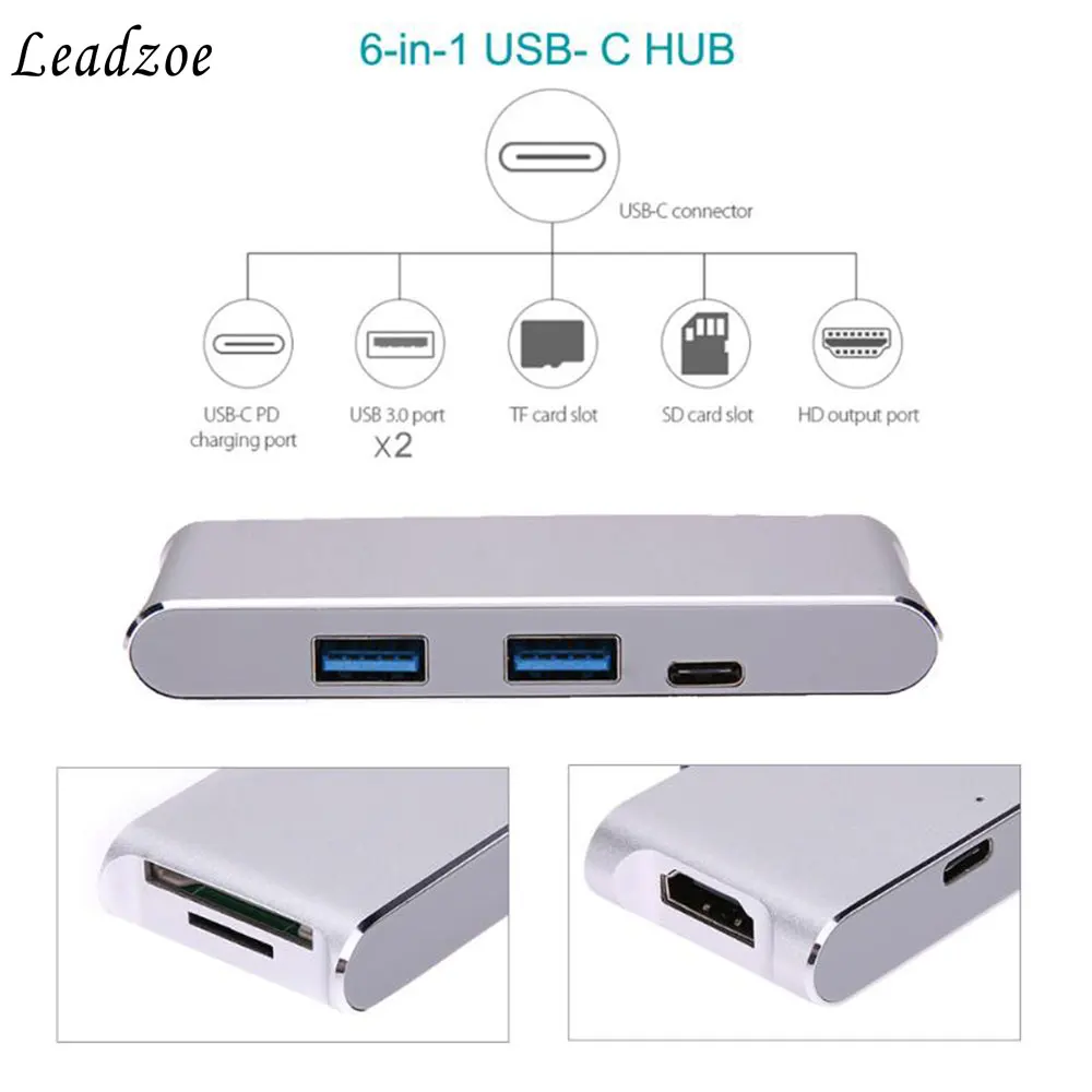 USB C концентратор, Leadzoe 6 в 1 Тип C адаптер с 2 USB 3,0 концентратор порт и SD/TF кардридер 4 K видео HDMI порт и Тип C 3,1 порт зарядки