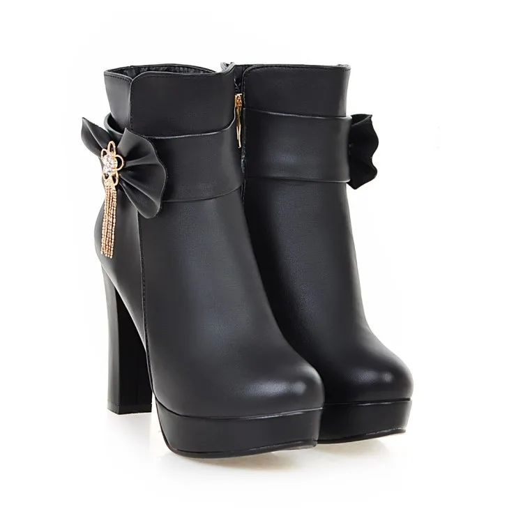 26_2016 Autumn Korean Womens Pink Dress Booties Shoes Princess Bow High Heels Black And White Platform Ankle Boots For Winter