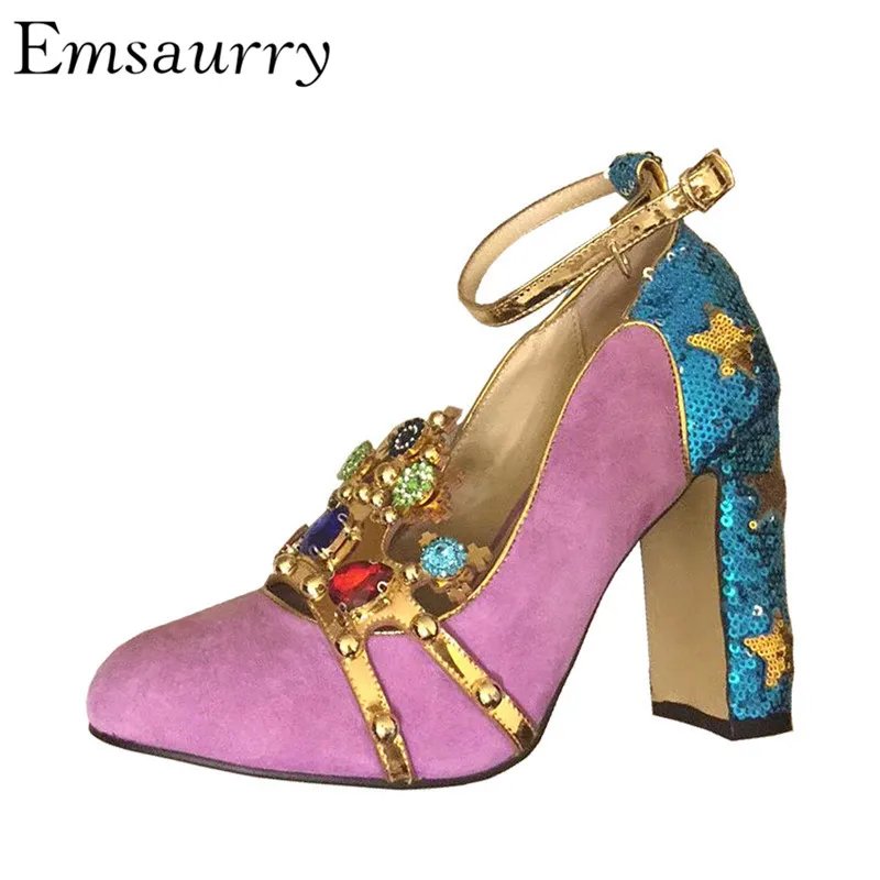 

Gold Crown Decor Bridal Wedding Shoes Woman Blue Sequined Cloth Star Ankle Strap Chunky Heel Diamond High Heel Pumps Women