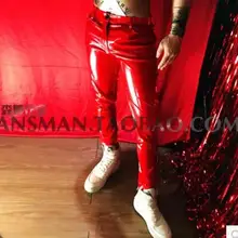 HOT Горячая Мужская Новая мода певица DJ DS Красные эластичные лакированные кожаные зауженные брюки плюс размер Мужские Сценические костюмы одежда