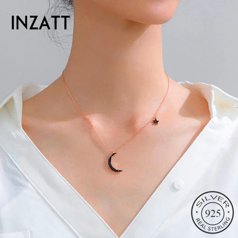 

INZATT Real 925 Sterling Silver Black Zircon Moon Star Pendant Necklace For Fashion Women Party Cute Fine Jewelry 2019 Gift