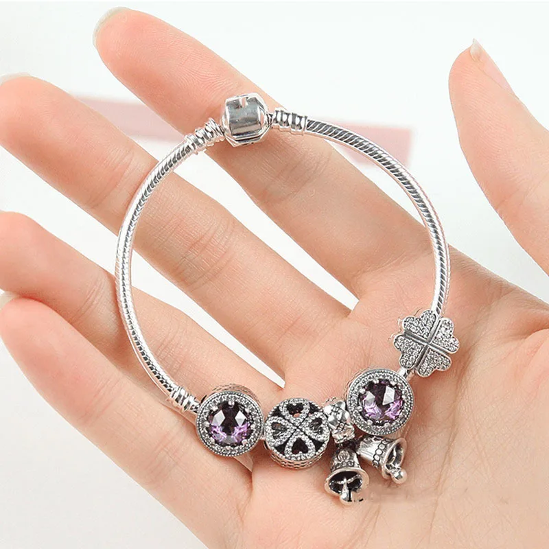 

Fits Jewelry Glamour DIY Gift Sterling Silver 925 Cat's Eye Four-leaf Clover Beads Fixed Buckle Purple Bell Bracelet
