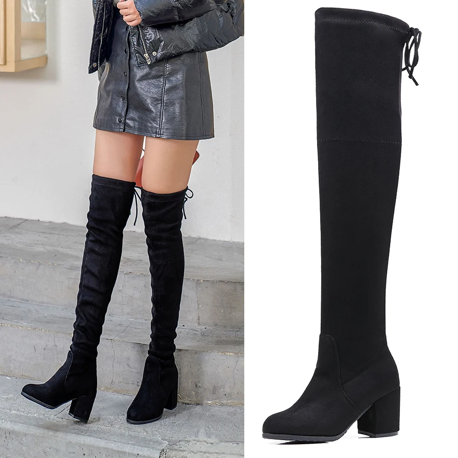 Goede Stretch Su egrave;de Vrouwen Laarzen Zwarte Over de Knie Laarzen Platform Sexy Vrouwelijke Herfst Winter dame Dikke Hoge Laarzen Schoenen Vrouw