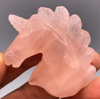 

Natural Rose Pink Quartz Crystal Unicorn Carving Horse head Skulls Figurin