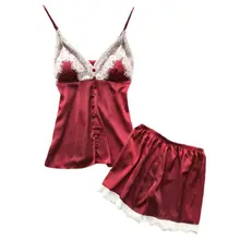 Женская сексуальная пижама из искусственного шелка, Набор ресниц, цветочные кружева, пэчворк, кнопка, глубокий v-образный вырез, майка, топ, свободные шорты, одежда для сна