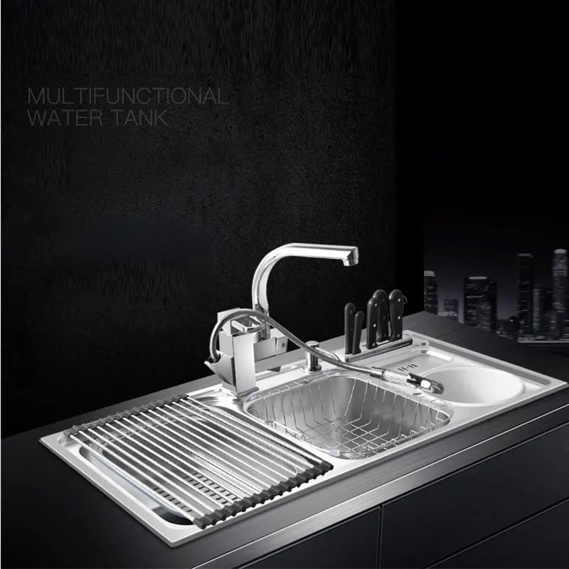 multifunctional kitchen sink Stainless steel brushed   double bowl Drawing drainer hot and cold water faucet  free shipping sink 2