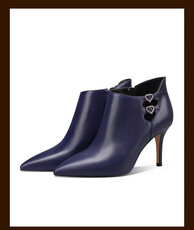 Excellent ROSSTYLE Winter Fashion Woman Ankle Boot High Quality Genuine Leather Short Boot Zipper Sexy Pointed Toe Thin Heel Warm Boot B33 19