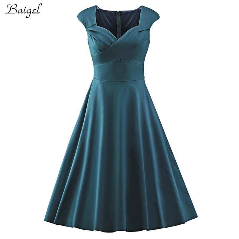 Womens Sexy V-Neck Summer Vintage Dress 50s 60s Retro Pinup Rockabilly Swing Burgundy Red Green Ball Gown Wedding Party Dresses (2)
