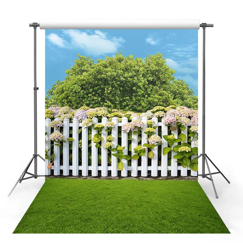 Виниловый фон для фотосъемки весенние цветы дерево газон белый деревянный забор декорации Декор Детский фон для фотостудии