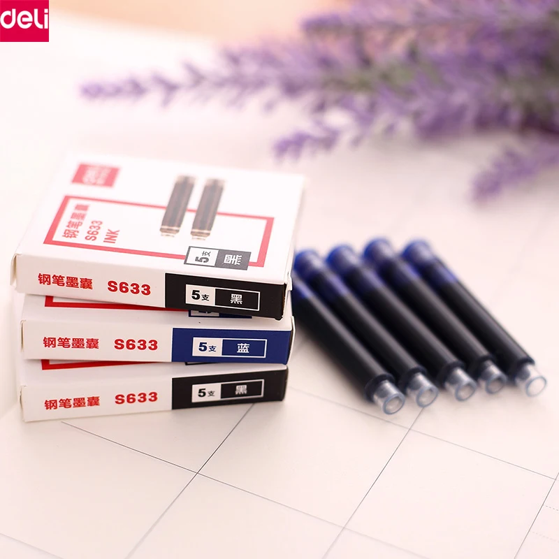 Deli Fountain Pen Refillable Ink Sac Replacement Ink 5pcs/box Black/Blue Color School Office