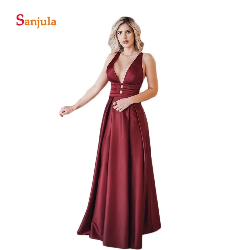 

Burgundy Satin A-Line Evening Dresses Long Deep V Neck Sexy Evening Gowns Simple Night Party Dresses vestidos de festa D1074