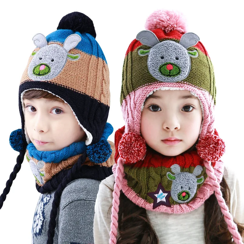 Рождественский комплект из 2 предметов: шапка и шарф с изображением лося, Детские теплые зимние шапки, вязаная шапка для девочек и мальчиков 1-10 лет, шапки для студентов
