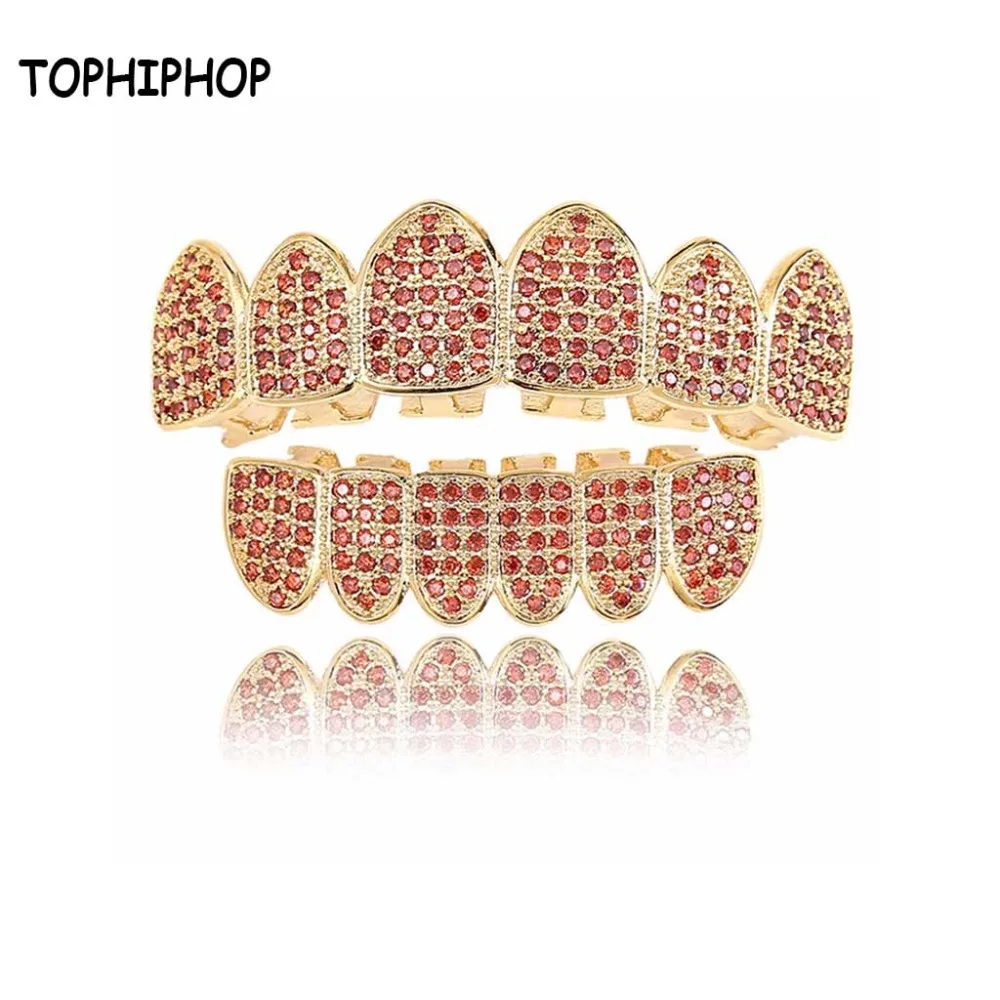TOPHIPHOP Garnet Red AAA CZ Micro New Color Grillz Zircon Hip Hop Jewelry Box Barbecue Unisex |