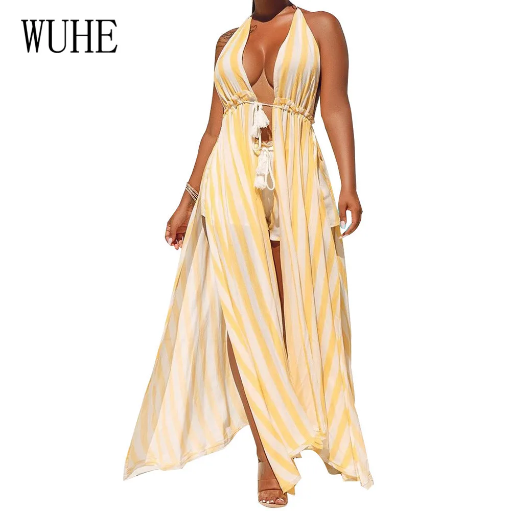 

WUHE Yellow Striped 2 Pieces Sets Halter Long Top and Short Pants Sleeveless Hollow Out Playsuits Women Summer Beach Jumpsuits