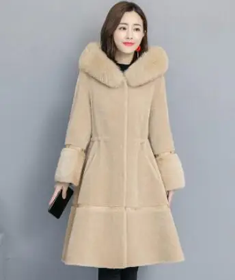 Зимнее меховое пальто, новая мода, Женское пальто с капюшоном, длинное пальто, толстое теплое меховое пальто Abrigo, повседневное, размер, офисное Женское пальто, OK230 - Цвет: apricot