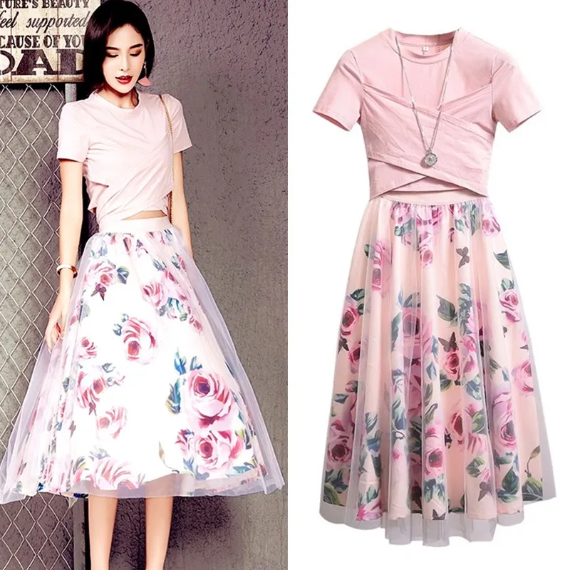 

Elegant Runway Designer Suit Set Women's big Bows Pink Cotton Tees And Vintage Rose Floral Print Long Party Skirts Set CC005