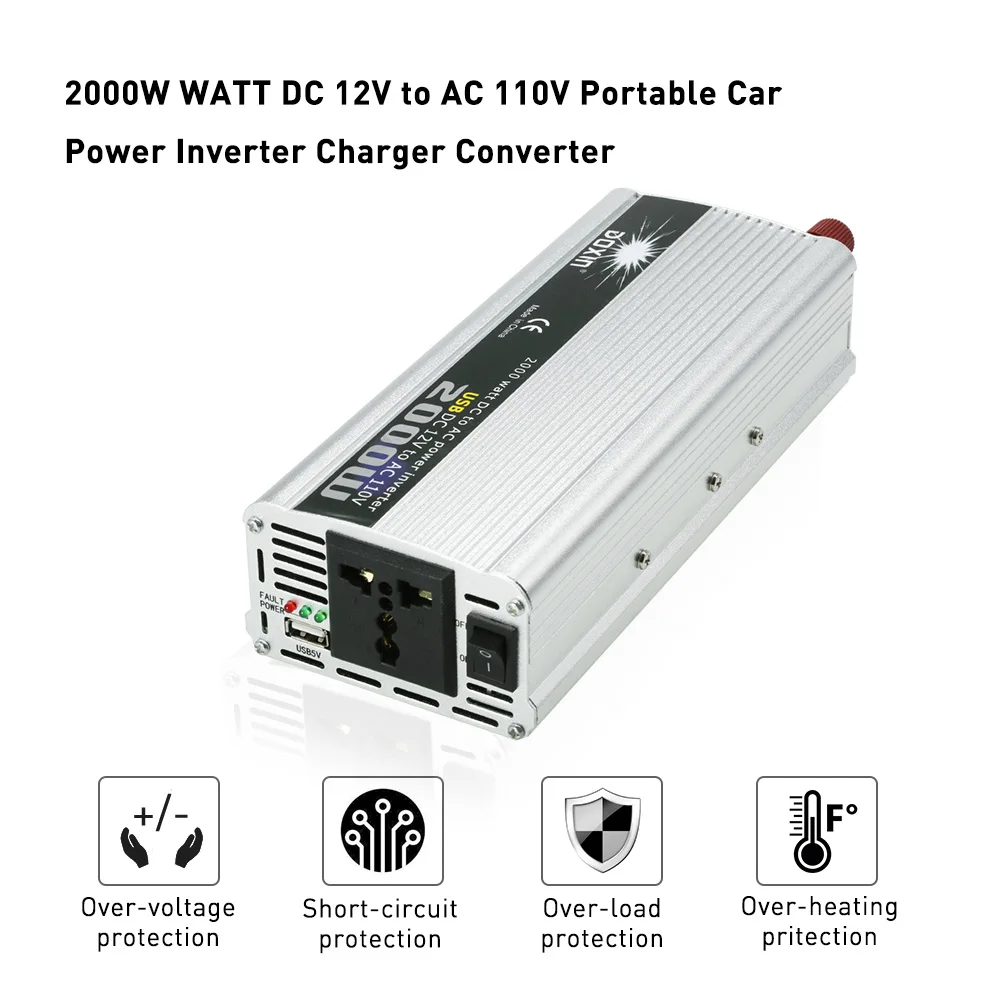 

kkmoon 2000W Car Inverter DC 12V to AC 220V 50Hz Portable Cigarette Lighter Plug Power Converter Inverter Peak Power