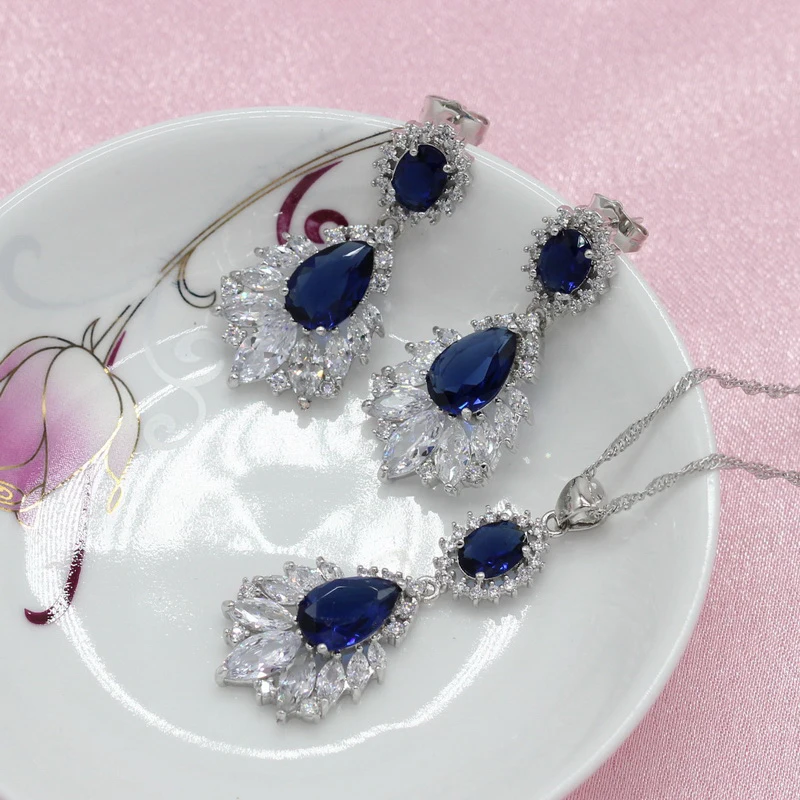 925 серебряные ювелирные наборы синий кристалл белый цирконий для женщин длинные серьги кулон ожерелье кольцо браслет подарочная коробка