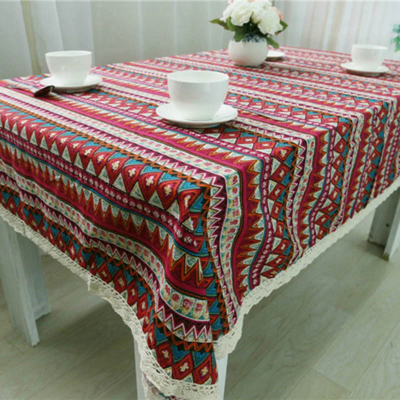 Этнический стиль дома плюс толстый домашний льняной/хлопковый скатерти подстилка на стол прямоугольная скатерть с кружевной стороной - Цвет: Red