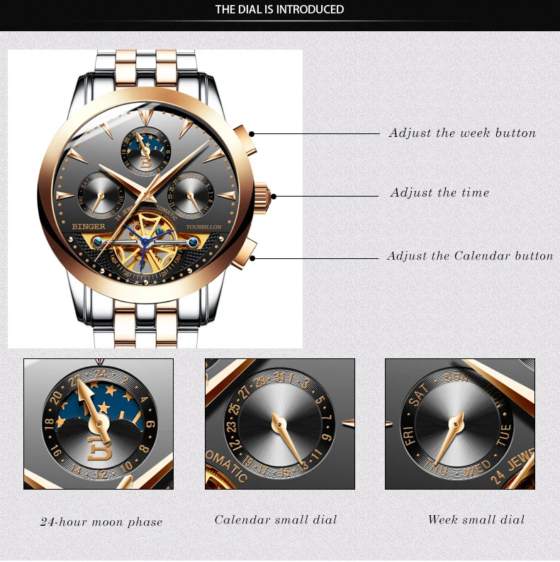 Tourbillon Men Top Luxury Brand Watches Automatic Mechanical Watch Stainless Steel Waterproof BINGER relogio masculino B-1188G