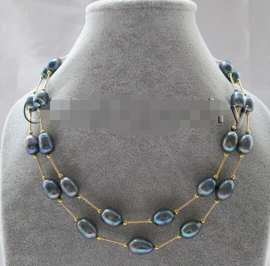 

FREE SHIPPING zj 0002 17-18" 2row black baroque rice freshwater pearl necklace HOT HOT sell