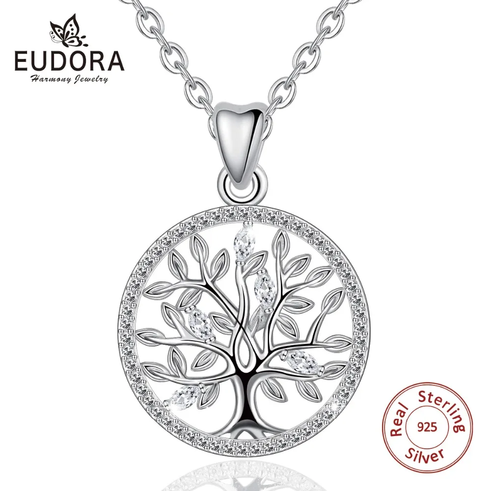  EUDORA 925 Sterling Silver Tree of Life Necklace Oak Tree CZ Pendant Nature Jewelry the Bride Gift 